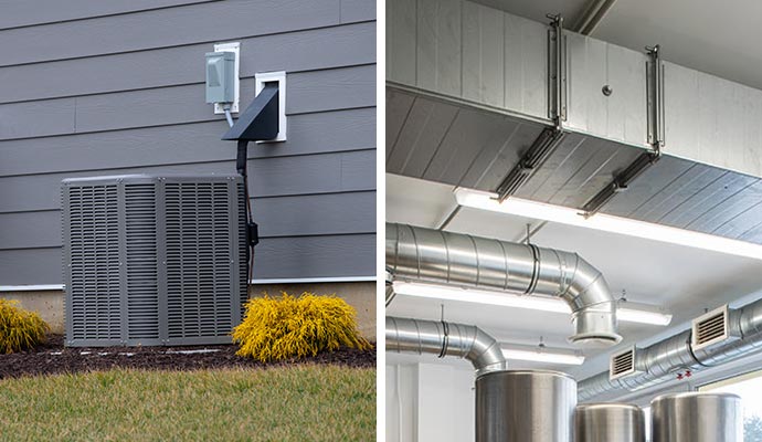 Collage of installed HVAC unit and indoor ductwork