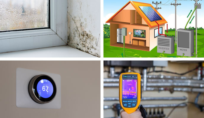 Collage of home moisture, solar diagram, smart thermostat, and thermal camera