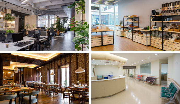 Collage of office interior, retail, restaurant and medical facility
