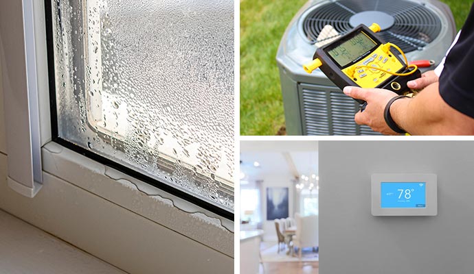 Collage of window condensation, outdoor ac unit troubleshooting and thermostat