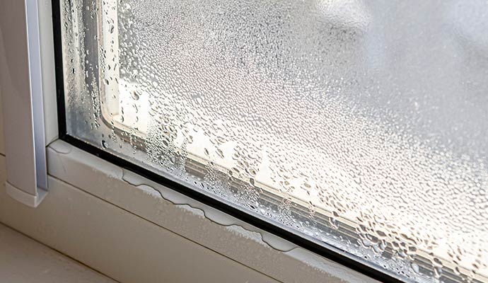 Condensation forming on interior window glass due to excess humidity inside the home
