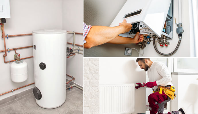 a collage showcasing the installation of different heating systems