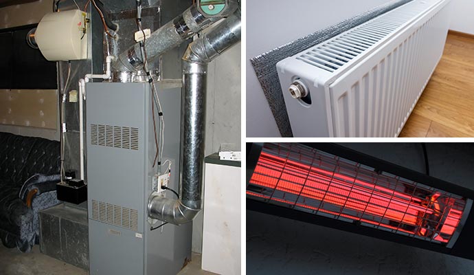 Collage of forced air radiator and electric heating system