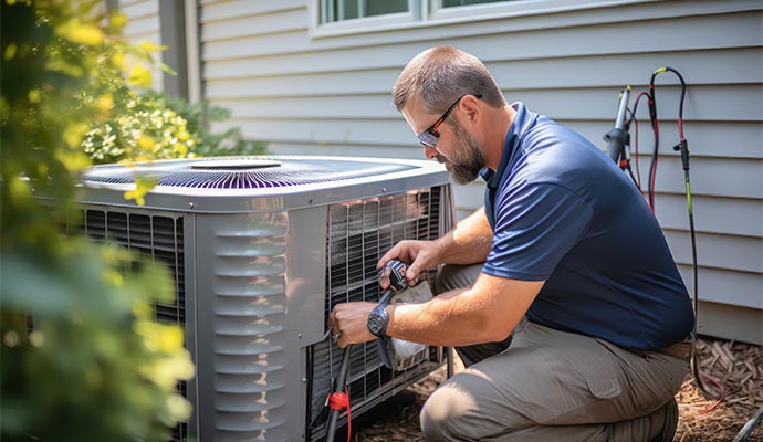 Professional technician repairing HVAC condenser unit