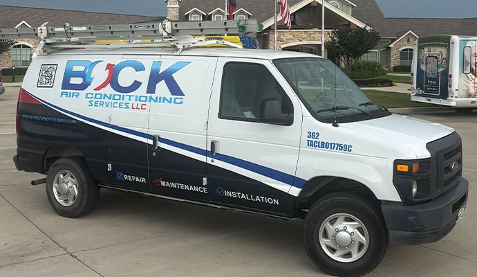 Service vehicle of Bock Air Conditioning Services in a commercial area