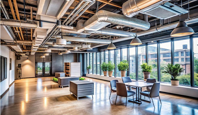 Visible ductwork system installed at corporate workspace